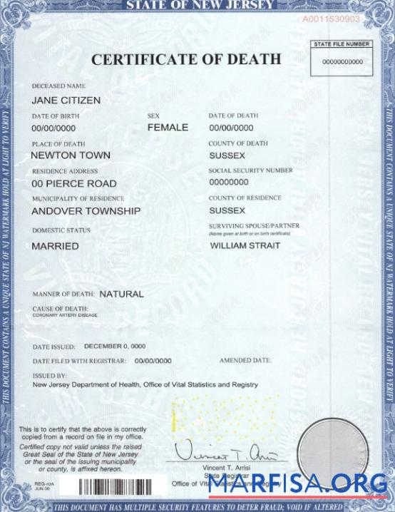Printable USA state New Jersey death certificate template in PSD format